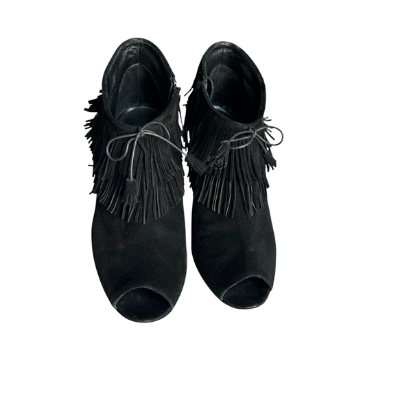 Manolo Blahnik Open Toe Heels Booties Black Suede Fringe - Picture 9 of 12